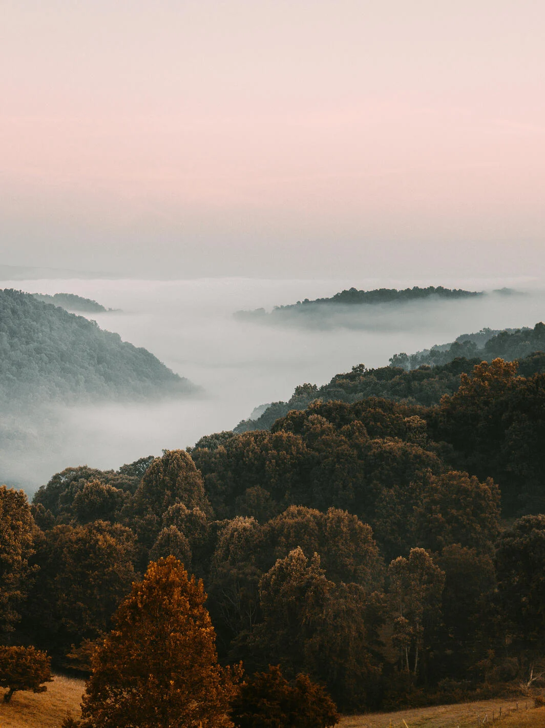 Morning mist over wooded hills at dawn